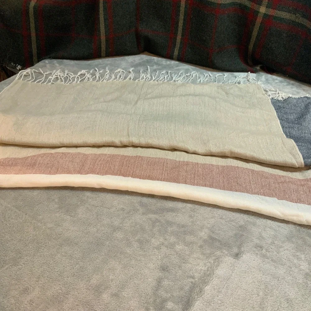 Colorblock Woven Fringe Scarf Cream Navy Beige Pink Lightweight Wrap Accessory